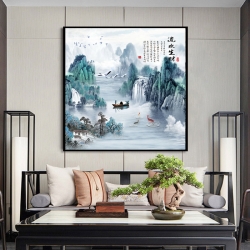有鱼升级款方形流水生财中式客厅装饰画国画沙发背景墙壁画办公室挂画山水画