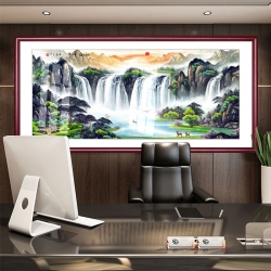 旭日东升宣纸画芯实木框国画工厂批发代发中式客厅装饰画国画沙发背景墙壁画办公室挂画山水画