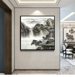 方形鸿运当头字画中式客厅装饰画国画沙发背景墙壁画办公室挂画山水画