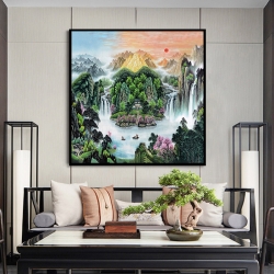 有鱼升级款方形流水生财中式客厅装饰画国画沙发背景墙壁画办公室挂画山水画